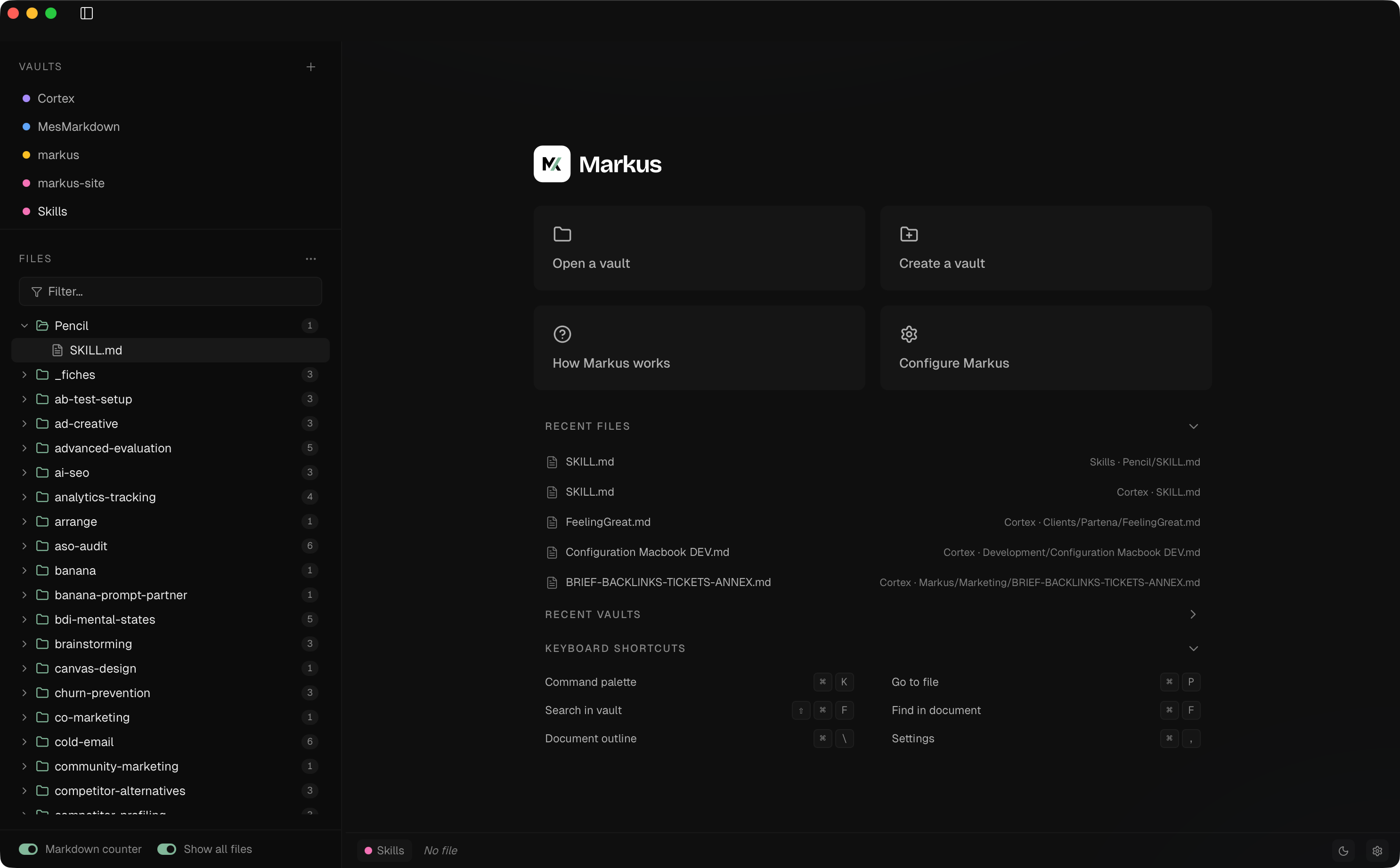 Markus editor with multi-vault sidebar and a markdown file open