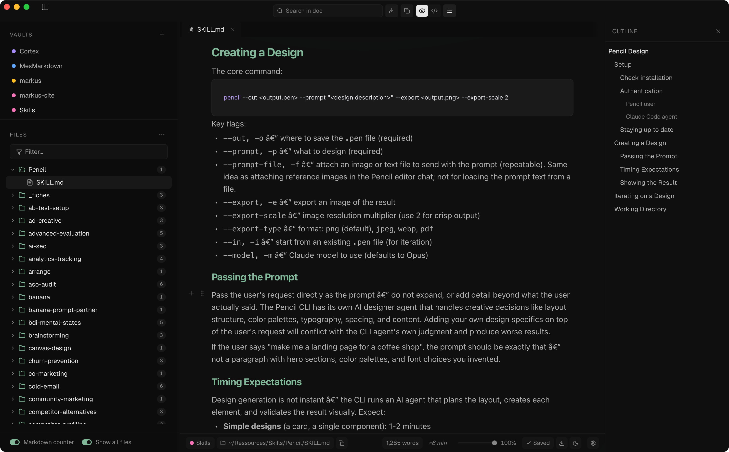 Markus editor with multi-vault sidebar and a markdown file open