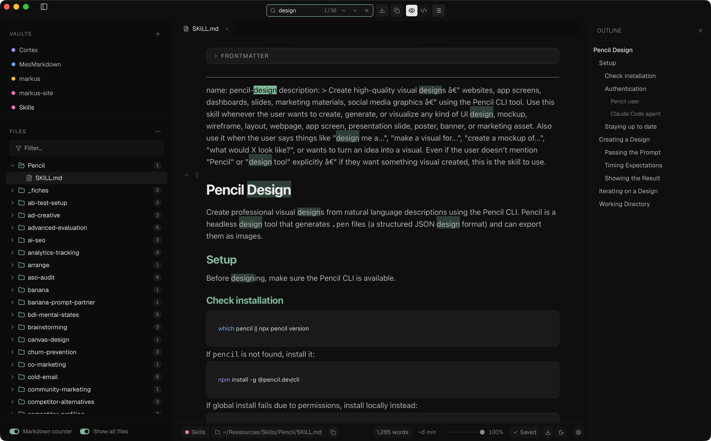 Markus editor with multi-vault sidebar and a markdown file open