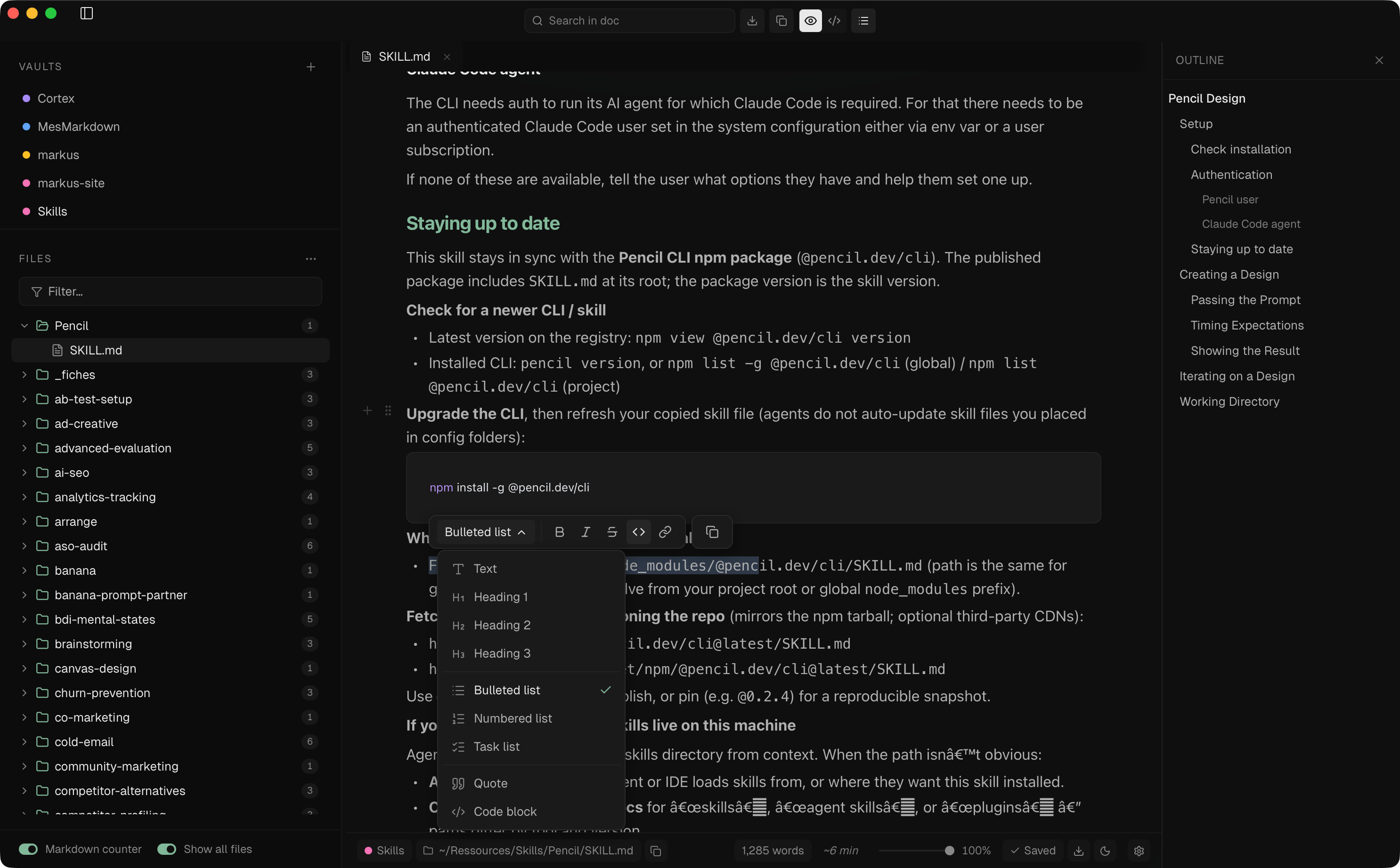 Markus editor with multi-vault sidebar and a markdown file open