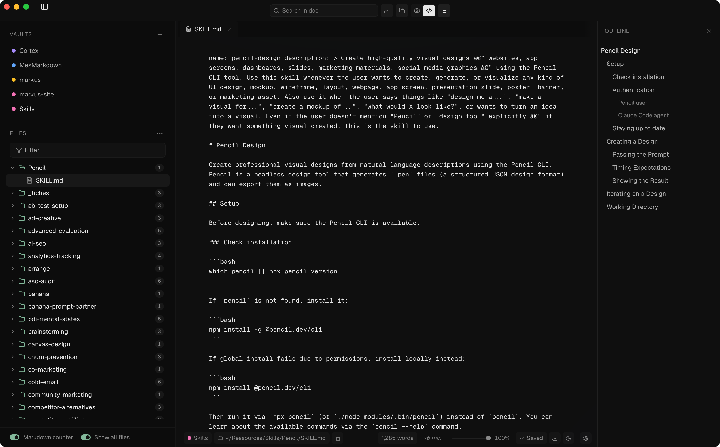 Markus editor with multi-vault sidebar and a markdown file open