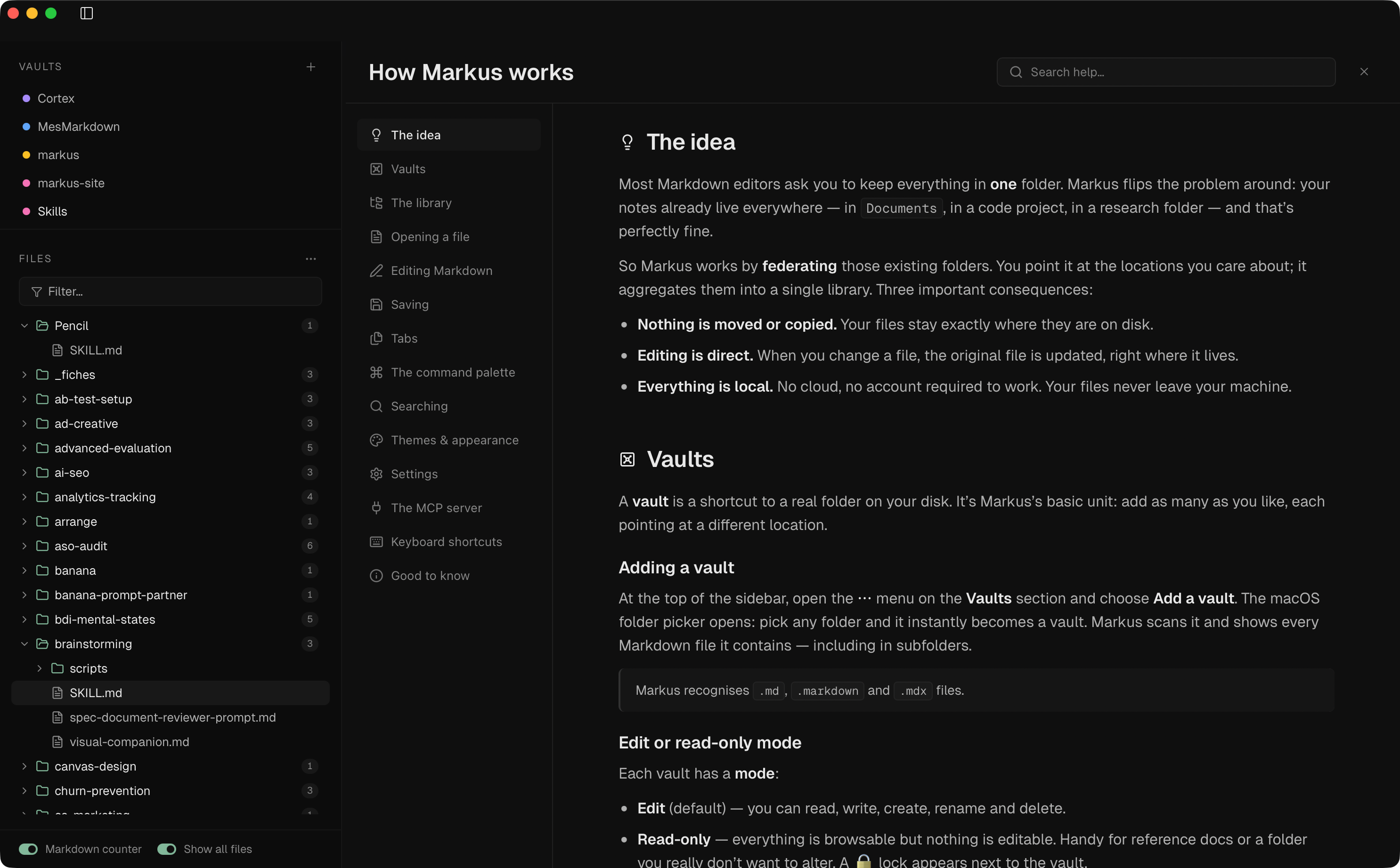 Markus editor with multi-vault sidebar and a markdown file open