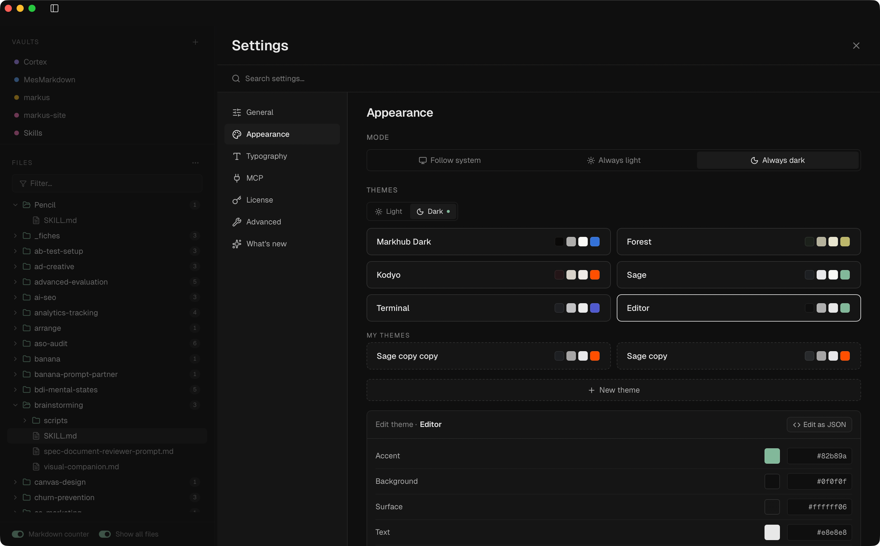 Markus editor with multi-vault sidebar and a markdown file open