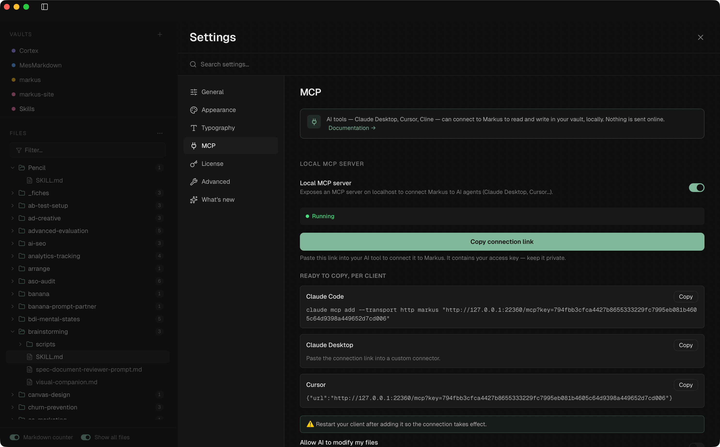 Markus editor with multi-vault sidebar and a markdown file open