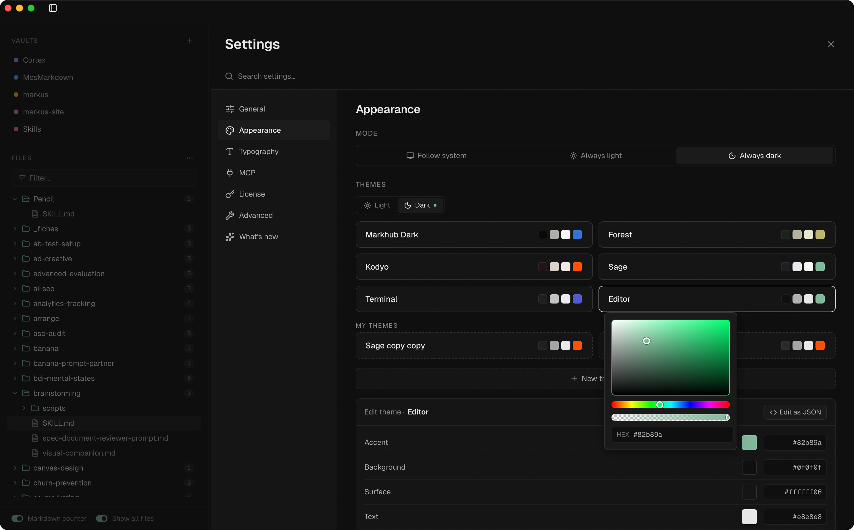 Markus editor with multi-vault sidebar and a markdown file open