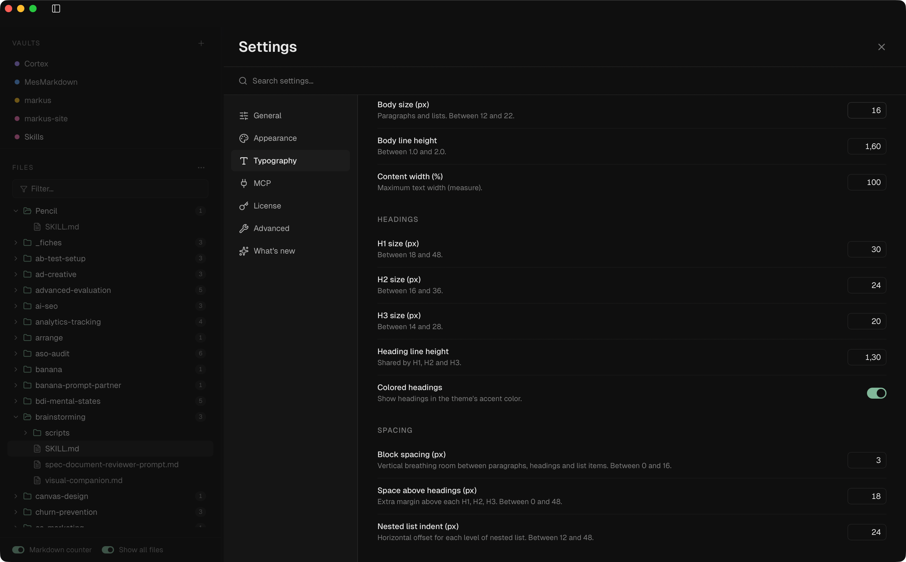 Markus editor with multi-vault sidebar and a markdown file open