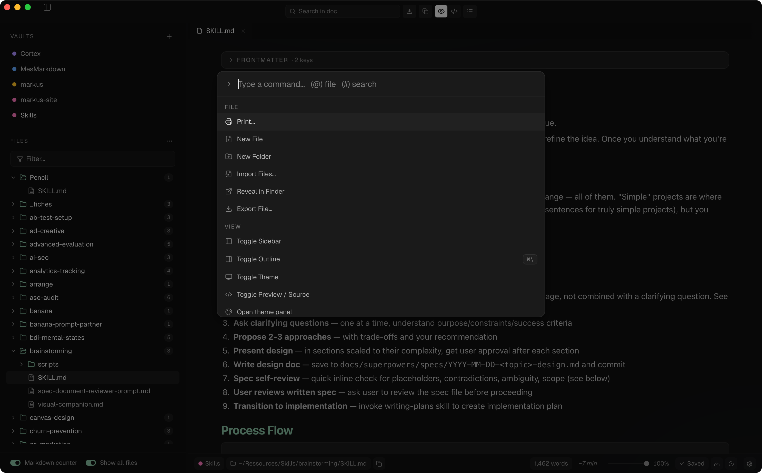 Markus editor with multi-vault sidebar and a markdown file open