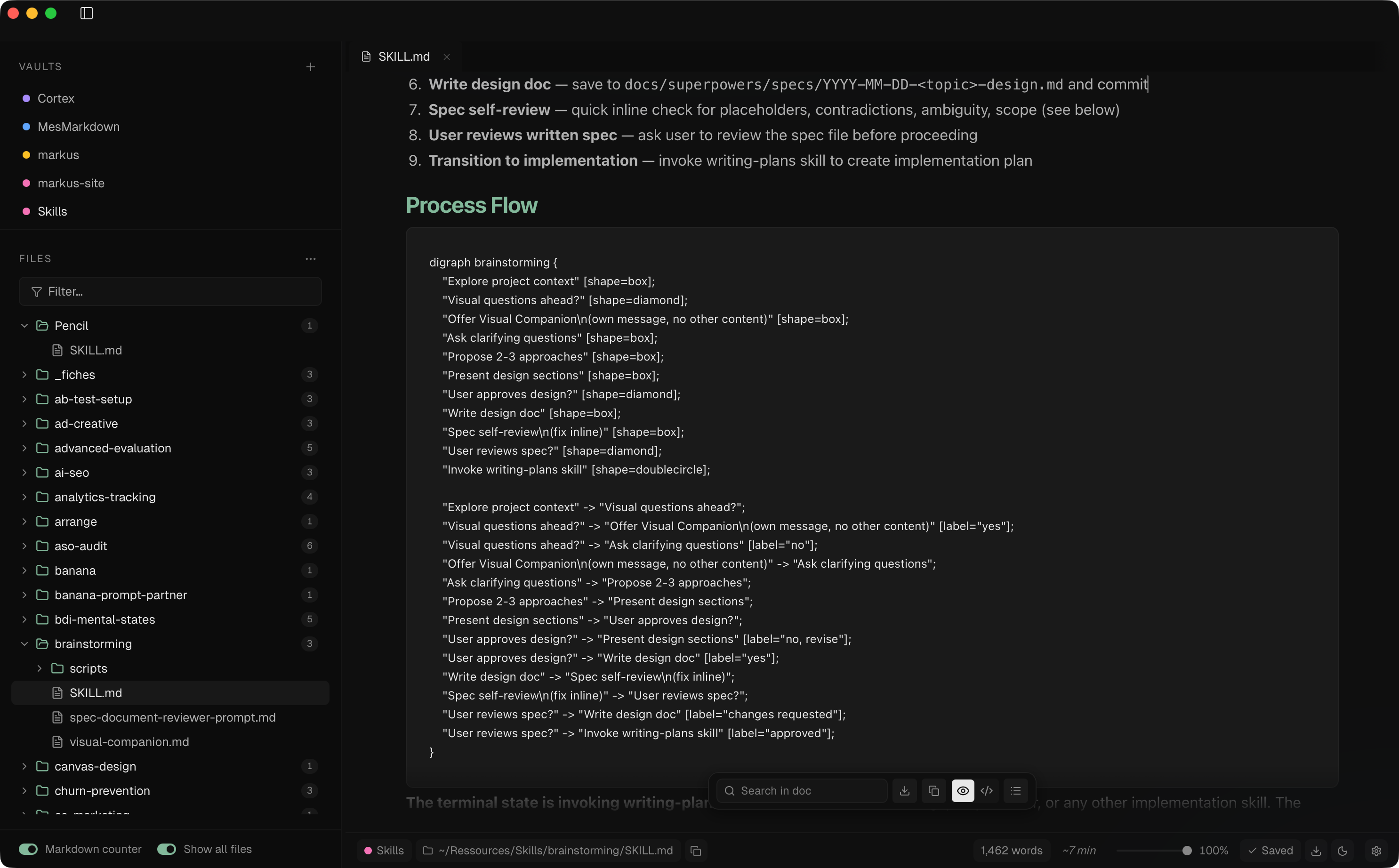Markus editor with multi-vault sidebar and a markdown file open