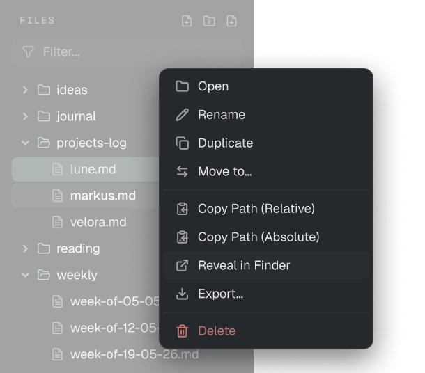 Markus right-click file menu