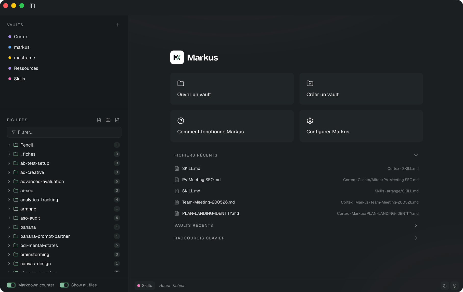 Markus editor with multi-vault sidebar and a markdown file open