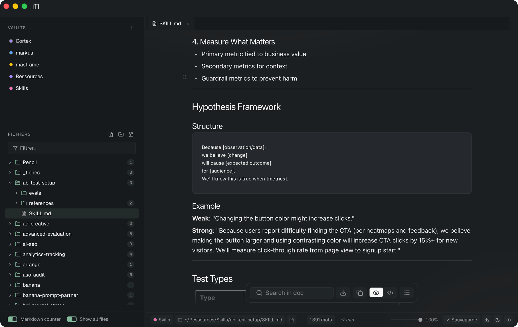Markus editor with multi-vault sidebar and a markdown file open