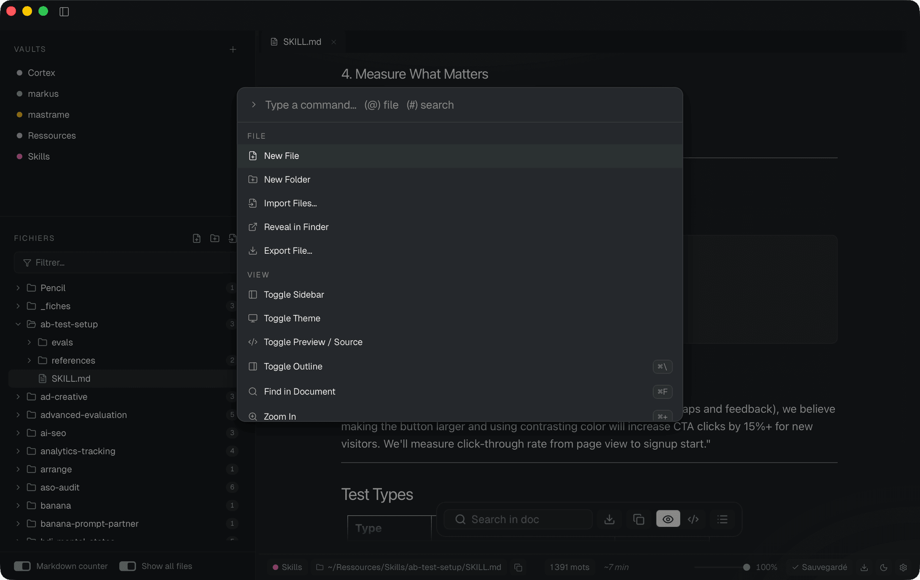 Markus editor with multi-vault sidebar and a markdown file open