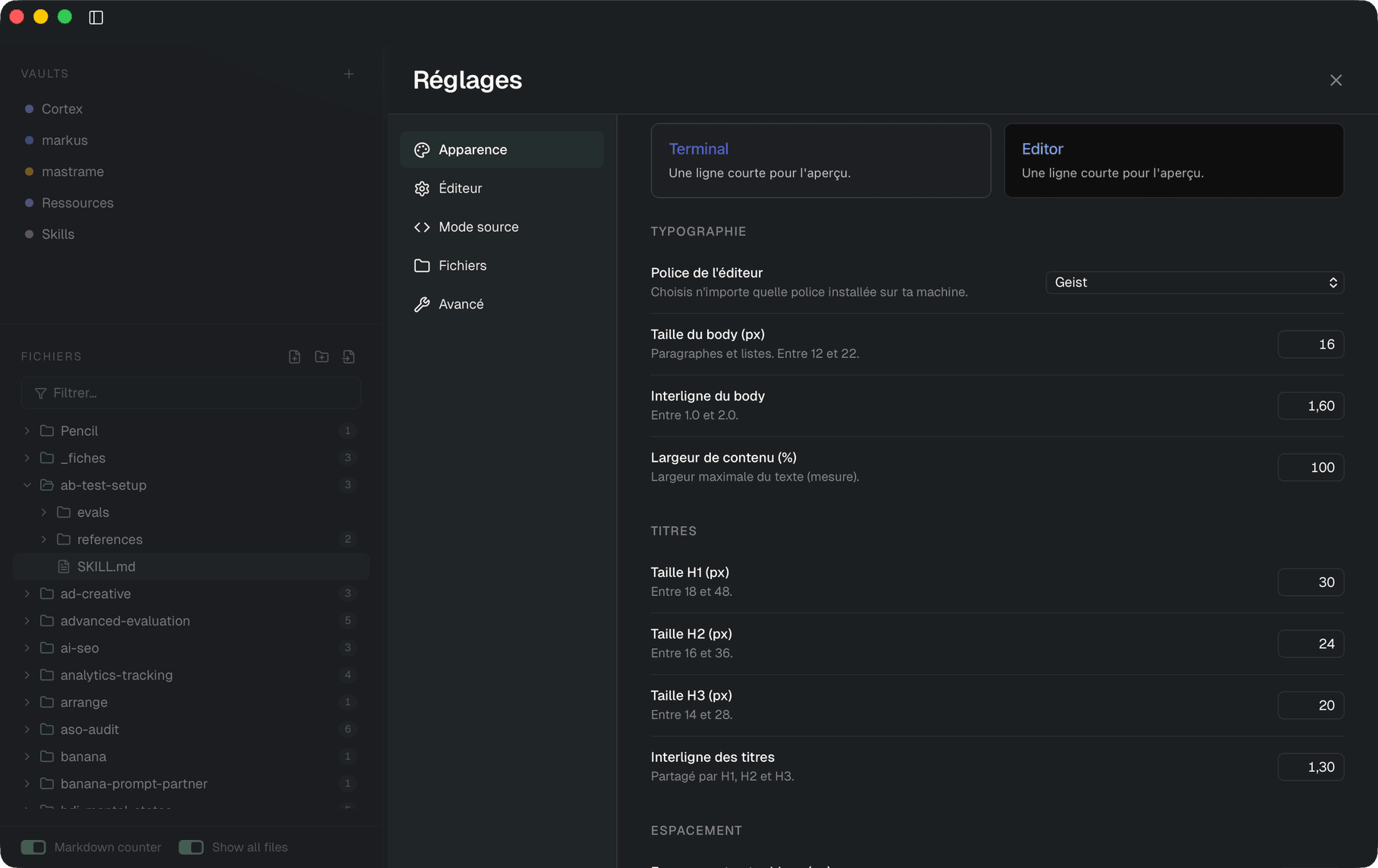 Markus editor with multi-vault sidebar and a markdown file open