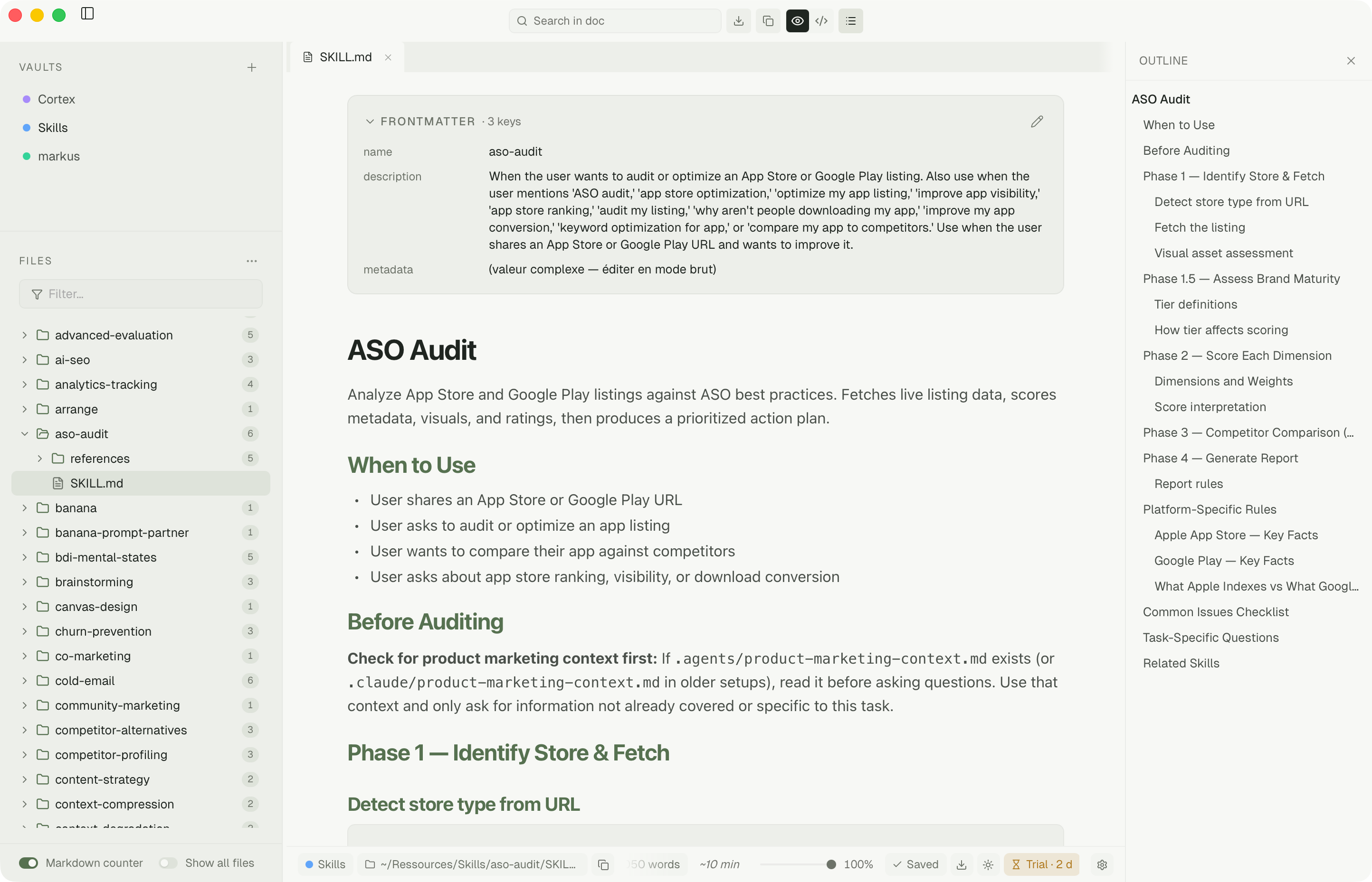 Markus app showing SKILL.md with vaults sidebar